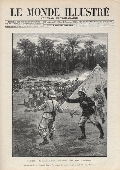 Segunda Guerra de Dahomey (1892-1894): morte do comandante francês Faurax durante a Batalha de Dogba em 19 de Setembro de 1892 em Dahomey (agora Benin). Um jornal. Gravura em "Le monde illustree" de 1892. Colecção privada. de Anonymous Anonymous