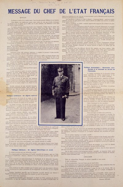 Segunda Guerra Mundial e Vichy regime: mensagem do chefe de Estado francês Philippe Petain publicada após o armistício assinado pela França em junho de 1940 e apresentando o programa da Revolução Nacional, outono de 1940. Coleção Particular de Anonymous Anonymous