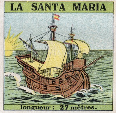 Navios e navios: Santa Maria, caravela de Cristóvão Colombo (1451-1506) quando ele descobriu a América em 1492. Ilustração anônima de 1925. Coleção privada. de Anonymous Anonymous
