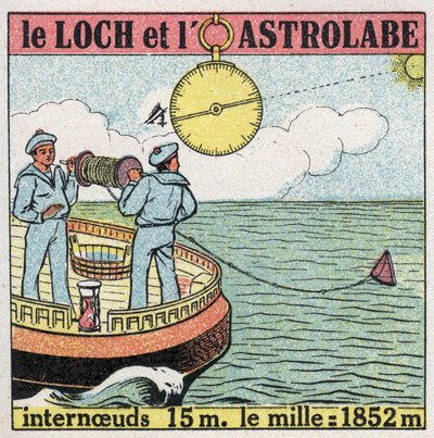 Navios e navios: o diário de bordo e o astrolábio, instrumentos de navegação. Ilustração anónima de 1925. Coleção privada. de Anonymous Anonymous