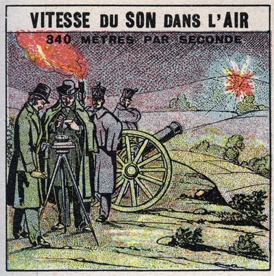 Energia sonora: velocidade do som no ar. Experiência de 1822 de Louis-Joseph Gay-Lussac (Louis Joseph Gay Lussac) (1778-1850) e François Arago (1786-1853) que disparou uma série de tiros de canhão entre Montlhery e Villejuif. Ilustração anônima de 1925 de Anonymous Anonymous