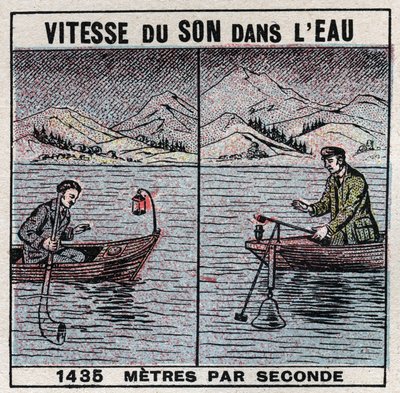 Energia sonora: velocidade do som na água. Experiência de 1826-1827 por Jean Daniel (Jean-Daniel) Colladon (1802-1893) e Charles Francois Sturm (1803-1855) no Lago Genebra (Lago Leman). Dois barcos atracados a 14 km de distância entre si, um dos barcos sup de Anonymous Anonymous