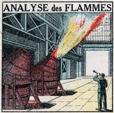 Análise espectral: análise das chamas. Ilustração anônima de 1925. Coleção privada. de Anonymous Anonymous