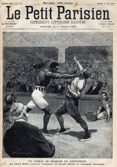Desporto, Boxe: Uma luta de boxe na Inglaterra entre Peter Jackson e o campeão australiano Frank Slavin. Gravação. Um dos jornais "Le petit parisien" em 12/06/1892. Coleção Particular de Anonymous Anonymous