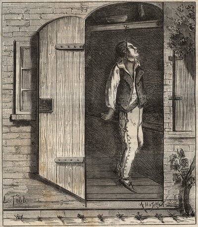 Suicídio no Rochefort Bagne, em 1840. Gravura em "Histoire des bagnes depuis leur création à nos jours" (1877) de Pierre Zaccone (1817-1895) (Colonia Penale - colônia penal). Colecção privada. de Anonymous Anonymous