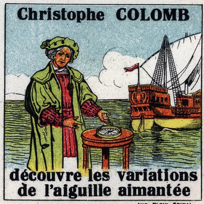Magnetismo terrestre: Cristóvão Colombo (1451-1506) descobre as variações da agulha magnética de uma bússola durante a sua viagem à América em 1492. Ilustração anônima de 1925. Coleção privada. de Anonymous Anonymous