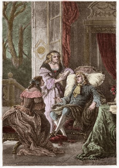 O Duque François de La Rochefoucauld (1613-1680), a Marquesa Madame de Sevigne (1626-1696) e a Condessa de La Fayette (1634-1693), escritores franceses - Gravura de Hildebrand depois de P. Philippoteaux - (Duque François de La Rochefoucauld (1613-1680), Ma de Anonymous Anonymous