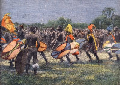 A Expedição do ex-presidente americano Theodore Roosevelt (1858 - 1919) à África: A Dança Guerreira no Uganda. Gravura. Um dos jornais "Le petit parisien" em 24/04/1910. Coleção privada. de Anonymous Anonymous