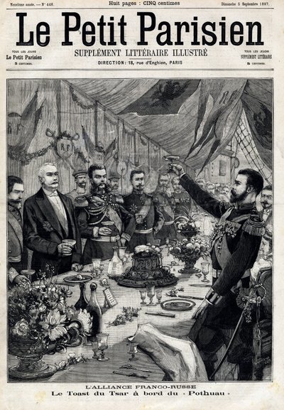 A aliança franco-russa: o brinde do czar Nicolau II (1868-1918) em homenagem ao presidente francês Felix Faure (1841-1899) a bordo do Pothau. Em "Le Petit Parisien" em 5/09/1897. Coleção Particular de Anonymous Anonymous