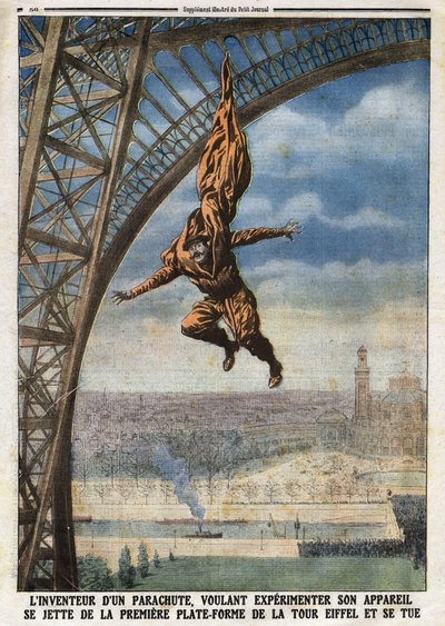 O alfaiate francês de origem austríaca Franz (ou François) Reichelt (1879-1912) inventor de um pára-quedas que quer experimentar o seu avião atira-se da primeira plataforma da Torre Eiffel e suicida-se. Gravura no "Le Petité Journal", em de Anonymous Anonymous