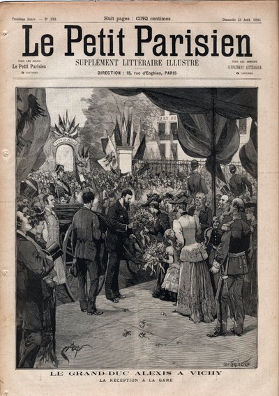 O Grão-Duque Alexis Alexandrovich (Aleksei Aleksandrovich Romanov) (1850-1908) em Vichy - A recepção na estação de trem - Gravação em "Le petit Parisien" de 1891 - Coleção particular de Anonymous Anonymous