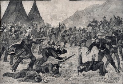 A revolta dos índios nos Estados Unidos: uma luta entre os índios Sioux e as tropas americanas. Gravura em "Le petit Parisien", de 1891. Coleção privada. de Anonymous Anonymous