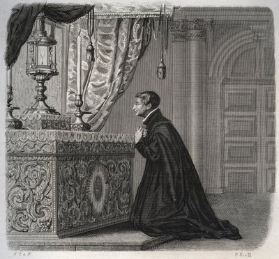 O italiano Jesuite Louis de Gonzague (San Luigi Gonzaga) (1568-1591) em oração. Gravura de 1846 em "Vidas dos Santos". Coleção privada. de Anonymous Anonymous
