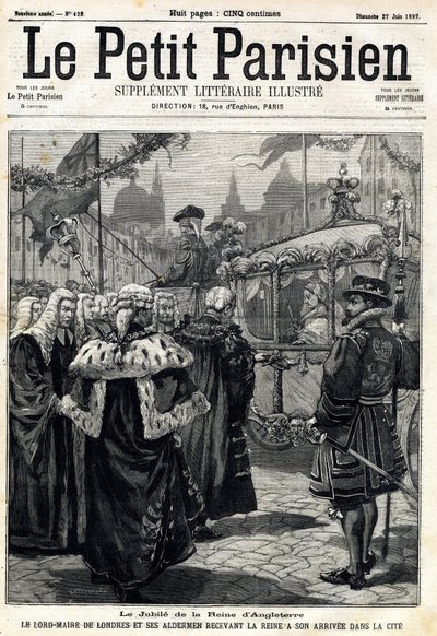 O Jubileu da Rainha de Inglaterra Victoria: o Senhor Prefeito de Londres Horatio Davies (1819-1901) e seus vereadores recebendo a Rainha chegaram à cidade. Em "Le Petit Parisien" em 27/06/1897. Coleção Particular de Anonymous Anonymous