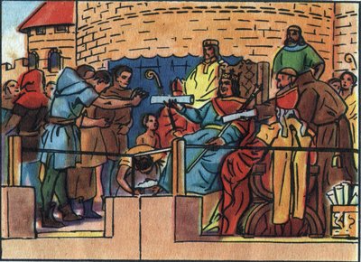 O Rei da França Luís VI o grande (1081-1137) concedendo a Carta à cidade de Paris. Ilustração anónima na "Collection des souverains et chefs d