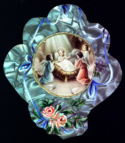 Os Nativite. O Menino Jesus rodeia os anjos Imagem piedosa. Cartão postal Dentelee. Coleção Particular de Anonymous Anonymous