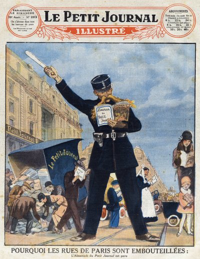 A população parisiense aproveitou um camião de entregas e um polícia ocupou-se de ler o Almanach em vez de circular a partir do "Le petit journal illustré". de Anonymous Anonymous