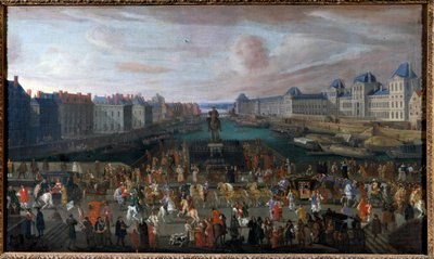 A Pont Neuf vista da entrada da Place Dauphine, o Quai Malaquais com o Colégio das Quatro Nações (Institut de France) em construção a Grande Galerie e o Louvre na passagem de um cortejo de pintura Anónima. 1665. Dim. 0,74 x 1,25 m. de Anonymous Anonymous