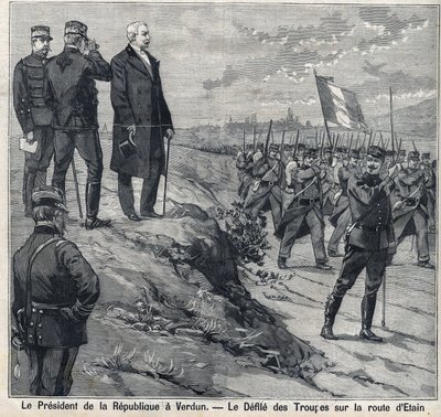 O Presidente da República Felix Faure (1841-1899) visita Verdun (Meuse): o despojo da escola militar da estrada de Etin. Gravura em "Le Petro Parisien" (Le Petro Parisien) de Anonymous Anonymous
