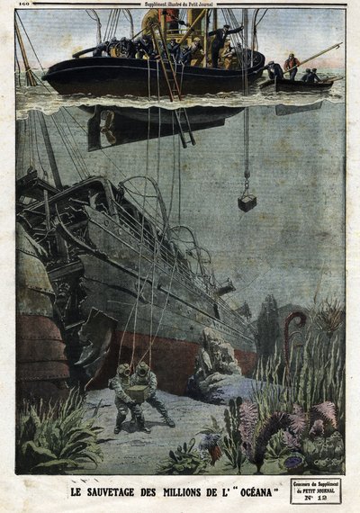 O Resgate dos Milhões do Oceano: Os scaphandlers mergulham em Eastbourne para apanhar os 18 milhões de metais que o transatlântico britânico deveria transportar para a Índia. Gravação no "Le Petite Journal", em 19/05/1912. Coleção privada. de Anonymous Anonymous