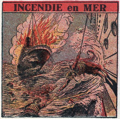 O T.S.F.: fogo no mar. O T.S.F. é usado por barcos para pedir ajuda durante um naufrágio. Ilustração anónima de 1925. Coleção privada. de Anonymous Anonymous