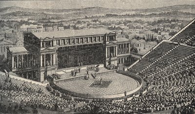 Teatro de Dionísio, A Acrópole, Atenas, Grécia - Reencenação de 1890 do Teatro de Dionísio - em Atenas, Grécia Antiga. - Gravura de 1890 de Anonymous Anonymous
