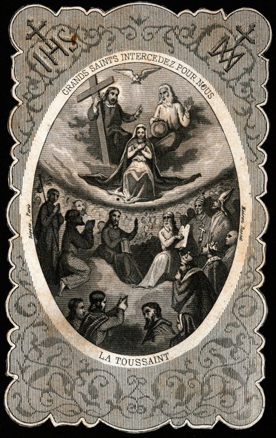 A Virgem Maria com a Santíssima Trindade (Deus, Jesus Cristo e a pomba do Espírito Santo). Cartão Dentelee. Século XIX. Coleção Particular de Anonymous Anonymous