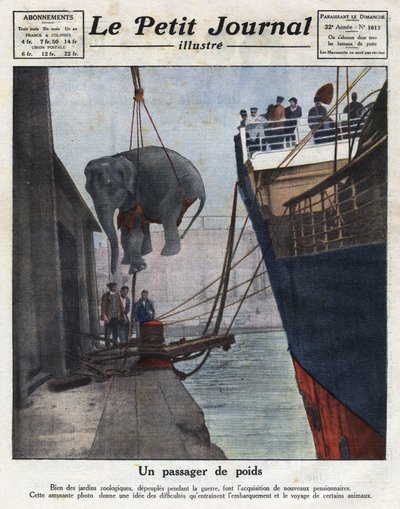 A chegada por barco de um elefante adquirido por um jardim zoológico de pessoas após a guerra. Ilustração retirada do "Le petit journal illustrious" de 20/11/1921. Coleção Particular de Anonymous Anonymous