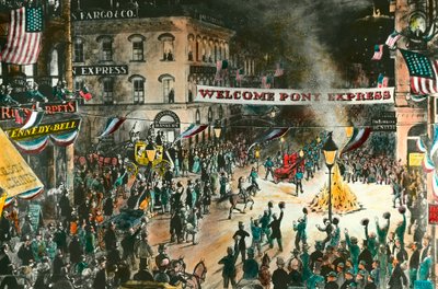 A chegada do pónei expresso O Pony Express foi uma relé destinada a ligar o Missouri à Califórnia através da distribuição de correio. Gravura do século XIX. Colecção privada de Anonymous Anonymous