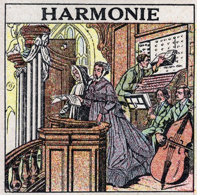 A arte dos sons: harmonia. Cantores e músicos em uma igreja. Ilustração anónima de 1925. Coleção particular. de Anonymous Anonymous