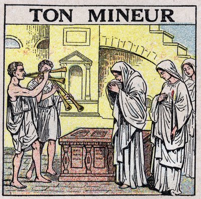 A arte dos sons: o seu mineiro. Flautistas duplos numa rua em tempos antigos (durante um funeral). Ilustração anónima de 1925. Colecção privada. de Anonymous Anonymous