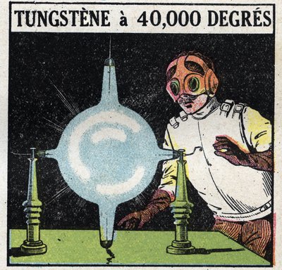 O átomo e a ciência: tentativa de dissolver o tungsténio por volatilização de um fio fino deste metal a 40.000 graus. Ilustração anônima de 1925. Coleção privada. de Anonymous Anonymous