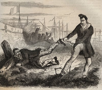 O maior tormento do forcate é ser um miserável. Lutar entre dois prisioneiros ligados pela mesma corrente. Bagne de Rochefort, no século XIX. Gravação em "Histoire des bagnes depuis leur création à nos jours" (1877) por Pierre Zaccone (1817-1895) de Anonymous Anonymous