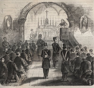 A capela do Toulon Bagne no século XIX. Gravura em "Histoire des bagnes depuis leur création à nos jours" (1877) de Pierre Zaccone (1817-1895) (Colonia Penale - colônia penal). Coleção particular. de Anonymous Anonymous