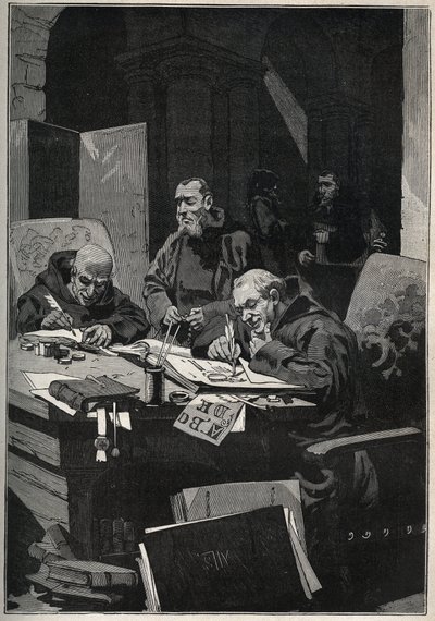 O crisoógrafo: monges copistas que realizam iluminações em letras douradas na Idade Média. Gravura de 1885 em "Les arts et metiers illustres" de Adolphe BITARD. de Anonymous Anonymous