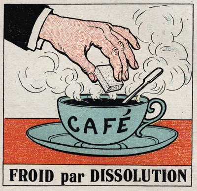 A indústria do frio: frio por dissolução. Colocar um açúcar numa chávena de café quente faz o café arrefecer. Ilustração anónima de 1925. Colecção privada. de Anonymous Anonymous