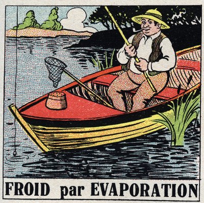 A indústria do frio: frio por evaporação. Um pescador em seu barco permanece frio graças à evaporação da água do rio. Ilustração anónima de 1925. Coleção privada. de Anonymous Anonymous