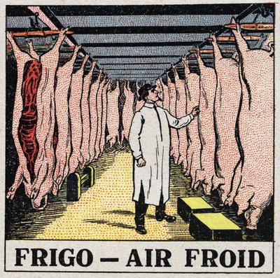 A indústria do frio: armazenamento da carne em frigoríficos. Ilustração anónima a partir de 1925. Coleção privada. de Anonymous Anonymous