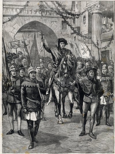 O cortejo das corporações no século XIV: O antepassado dos mercadores de Paris. A gravura. Em "The Little Parisien", em 18/06/1899. Colecção privada. de Anonymous Anonymous