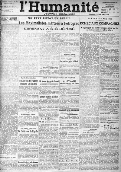 O golpe na Rússia, nas manchetes do jornal socialista "Humanidade". Manchetes:" Os Mestres Maximalistas em Petrogrado", "Kerensky foi depositado" (Kerenski), The 9/11/1917. de Anonymous Anonymous