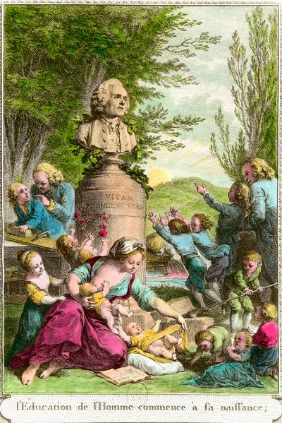 A educação do homem começa no seu nascimento: mães com filhos, ao lado de um busto em homenagem ao filósofo suíço Jean Jacques Rousseau (1712-1778). Gravura da Coleção Privada do século XVIII de Anonymous Anonymous