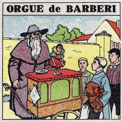 Os efeitos da música: um tocador de órgão picuinhas e um macaco entretêm as crianças na rua. Ilustração anônima de 1925. Coleção particular. de Anonymous Anonymous