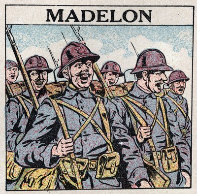 Os efeitos da música: a canção francesa "La Madelon" dá coragem aos militares. Ilustração anônima de 1925. Coleção particular. de Anonymous Anonymous