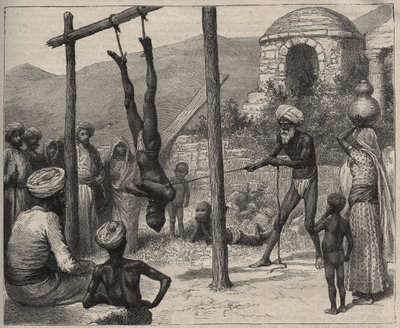 O faquir na Índia - O faquir (Faquir) na Índia - foi pendurado pelos pés numa barra de madeira - gravada a partir de 1892 no "Journal des voyages". de Anonymous Anonymous