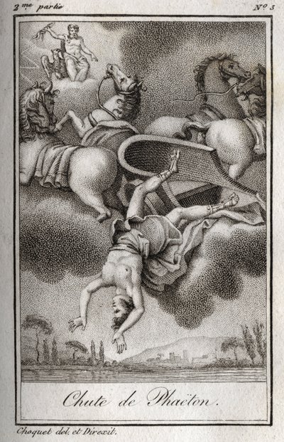 A queda de Phaeton Phaeton (Phaethon), incapaz de controlar o tanque Helios, foi atingida por Zeus, e caiu no rio Eridan. Gravura de 1819 em "Lettres a Emilie sur la mythologie" de Charles Albert Demoustier (1760-1801). Coleção privada. de Anonymous Anonymous