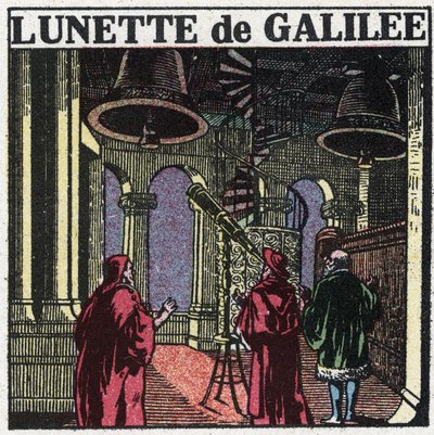 Os primeiros instrumentos ópticos: luneta astronômica de Galileu Galilei chamada Galileia (1564-1642), inventada em 1610. Ilustração anônima de 1925. Coleção privada. de Anonymous Anonymous