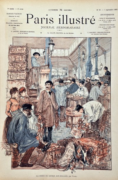 O crítico de caça nos Halles de Paris em 1887. Ilustração de Hermann Vogel (1856-1918). Gravura de 1887 no "Paris-Illustrous journal weekly". de Anonymous Anonymous