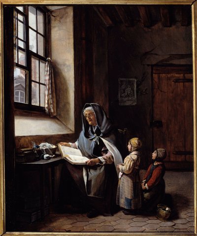 A avó Uma avó está a ler os seus dois netos. Uma pintura anónima. Século XIX. Coleção Particular de Anonymous Anonymous