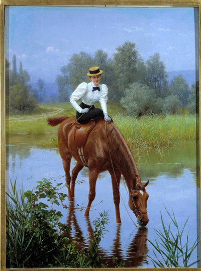 A paragem Uma jovem mulher que se levanta numa Amazónia pára para obrigar o seu cavalo a beber. Pintura anónima, colecção privada do século XX - The Halt. Uma jovem mulher cavalgando de side-saddle pára para o seu cavalo beber. Pintura anónima, século XX.  de Anonymous Anonymous
