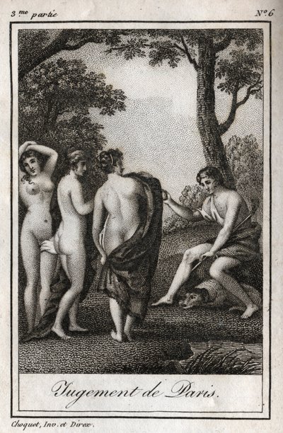 O julgamento de Paris O pastor Paris deve escolher quem vai dar a maçã dourada para desenhar a mais bela das três deusas, Atena, Afrodite ou Hera. Gravura de 1819 em "Lettres a Emilie sur la mythologie" de Charles Albert Demoustier de Anonymous Anonymous